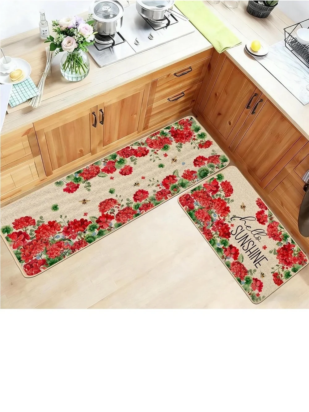 New Baccessor Summer Kitchen Mats Set of 2, Geranium Floral Bee Kitchen Rugs